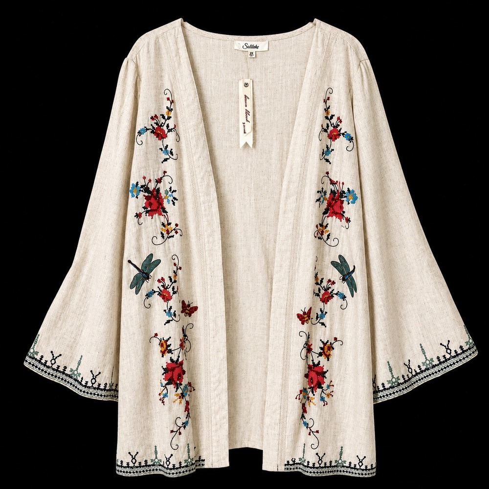 Solitaire Embroidered Linen Blend Kimono Cardigan Women 2X Oatmeal Cross Stich